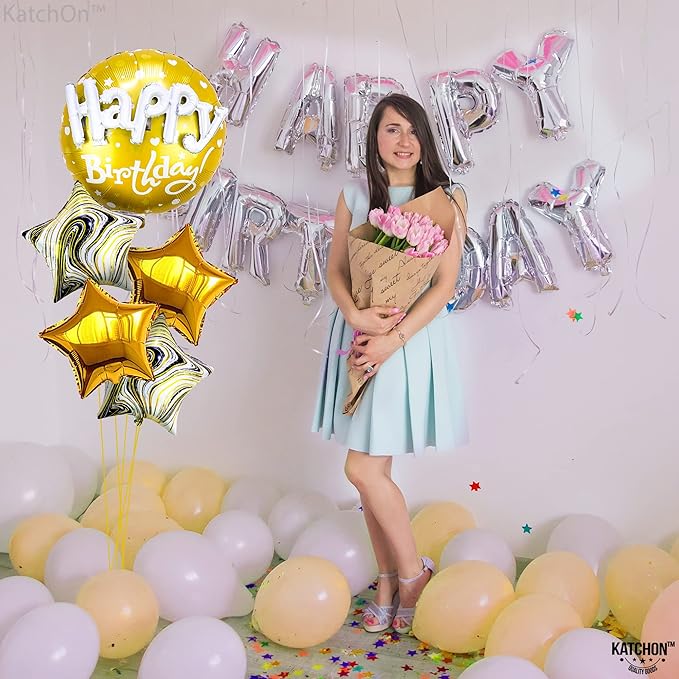 KatchOn, Gold Happy Birthday Balloon Set - 23 Inch, Big, Pack of 5 | Happy Birthday Mylar Balloons, Golden Birthday Balloons | Gold Party Decorations, Golden happy Birthday Decorations