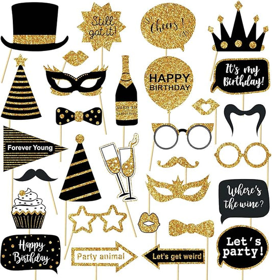 30 Pcs Gold and Black Birthday Photo Booth Props Kit, Happy Birthday Decorations, Funny Selfie Photo Props for 40th 50th 60th Birthday Graduation Wedding Party Supplies
