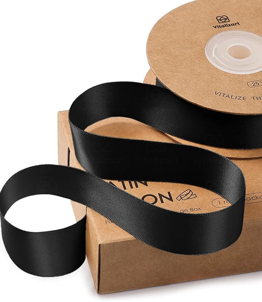 Vitalizart Black Ribbon for Gift Wrapping 1" x 25Yd Double Face Continuous Functional Satin Ribbon for Crafts Silk Like Fabric Flower Bouquet Birthday Party Decorations Bridal Shower Wreath Hair