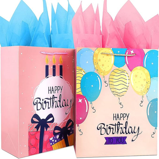 Large Birthday Gift Bags Set - 2 Pack Pink Gift Bags With Tissue Paper and Handles for Girls, Women, Her - Happy Birthday Gift Wrap