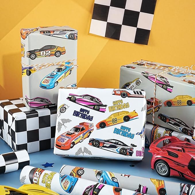 WRAPAHOLIC Racing Car Birthday Wrapping Paper - Mini Roll - 3 Rolls - 17 Inch x 120 Inch - Checkered Flag Car Wrapping Paper for Kids Boys Birthday, Baby Shower