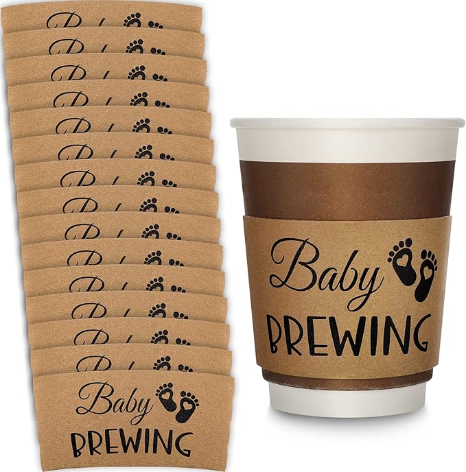 Newtay 50 Counts Baby Is Brewing Coffee Sleeves, Disposable Kraft Paper Cup Sleeves for Baby Shower, Gender Reveal, Halloween Party Decorations, Fits 12 16 or 20 oz Hot Cold Drinks Paper Cup(Playful)