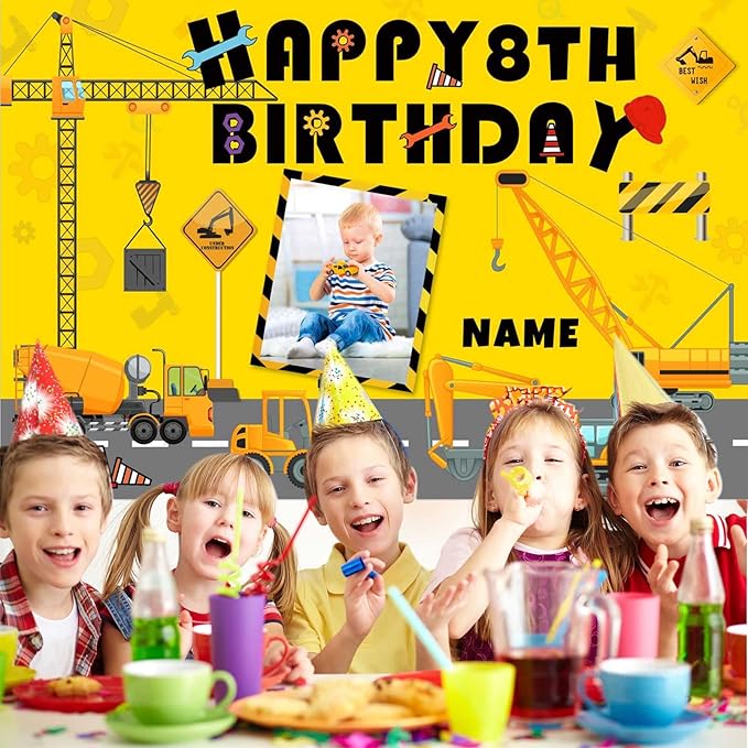 Custom Construction Happy Birthday Party Decorations Supplies Personalized Excavator Crane Dump Truck Digger Birthday Backdrop Banner(6x9ft)