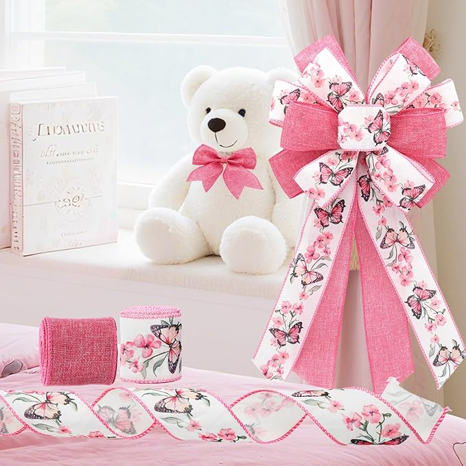 Pink Wired Ribbon for Wreath Bows, 2 Rolls, 2.5″ Wide, 10 Yards Total, Summer Pink Butterfly Floral Wired Ribbons for Crafts Supplies, Rustic Party, Wedding Ribbon Bow Decor