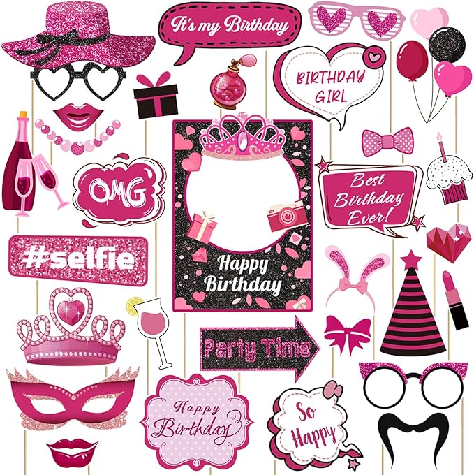 30 Pcs Pink Girls Birthday Photo Booth Props Kit - Hot Pink Princess Birthday Party Decoration Set with Real Glitter Cute Designs for Her, Funny Selfie Photo Booth Props for Kids Girls Any Bday Party