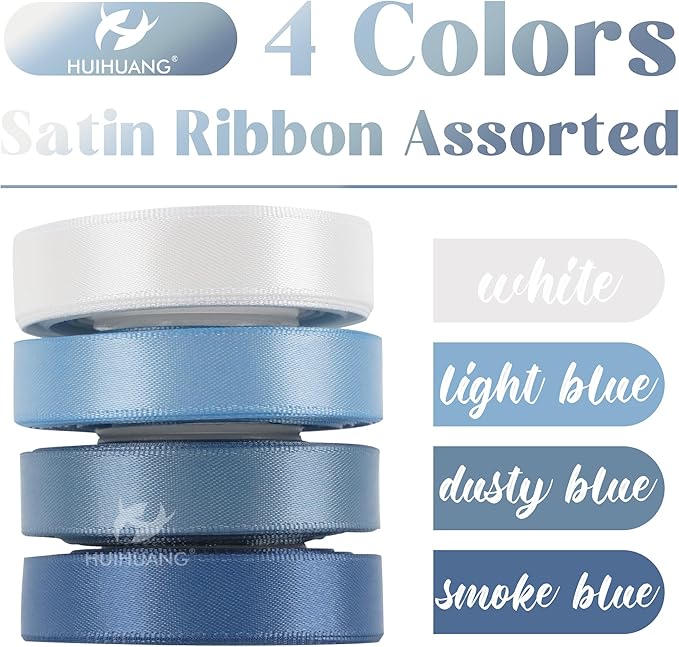 HUIHUANG Dusty Blue Satin Ribbon 1/2 inch x 4 Rolls Light Blue/Smoke Blue/White/Dusty Blue Ribbon for Gift Wrapping DIY Crafts Hair Decor Flower Bouquets Wedding Decor- Total 40 Yards