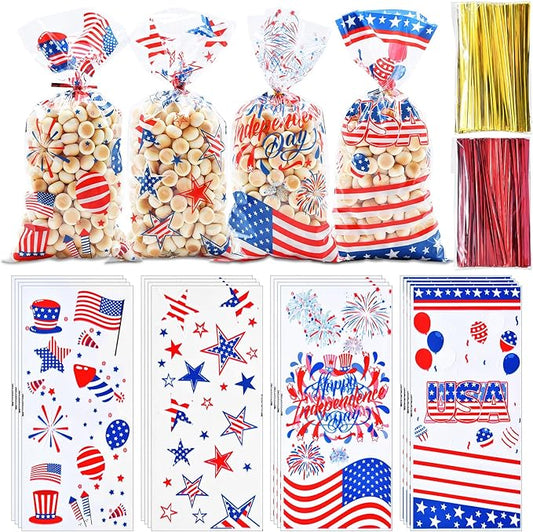 160 Pieces 4 Styles 4th of July Cellophane Treat Bags with Twist Ties, Patriotic USA Flag, Stars, and Fireworks Designs Clear Goodie Bags for Independence Day, Memorial Day, Veterans Day, and Party Favors