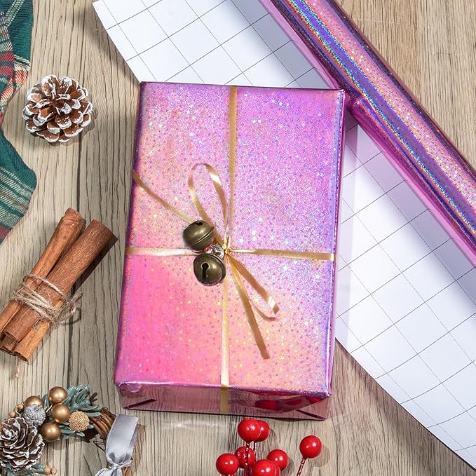 Burymento Pink Wrapping Paper Roll, Metallic Holographic Star Gift Wrap for Birthday, Valentines, Mothers day, Graduation, Wedding, Fathers day, Baby Shower, Christmas (30 IN x 32.8 FT)