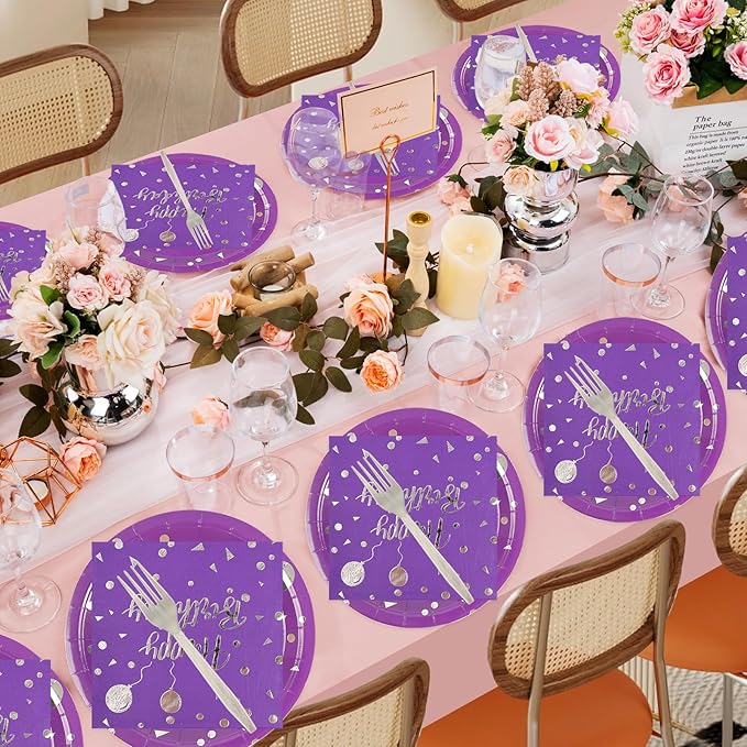 75PCS Happy Birthday Paper Plates and Napkins Set-Disposable Purple and Sliver 7IN Party Dessert Plates 6.5IN Napkins Gold Forks Tableware Set for Birthday Wedding Graduation Party Decoration Serve 25