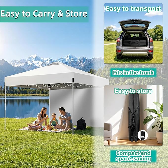 10X10FT White Pop Up Canopy Tent with 1 Sidewalls & Roller Carrybag, Outdoor Adjustable Height Instant Shelter Gazebo with Sturdy Ground Spikes & Sandbags for Camping, Patio, Backyard, Event