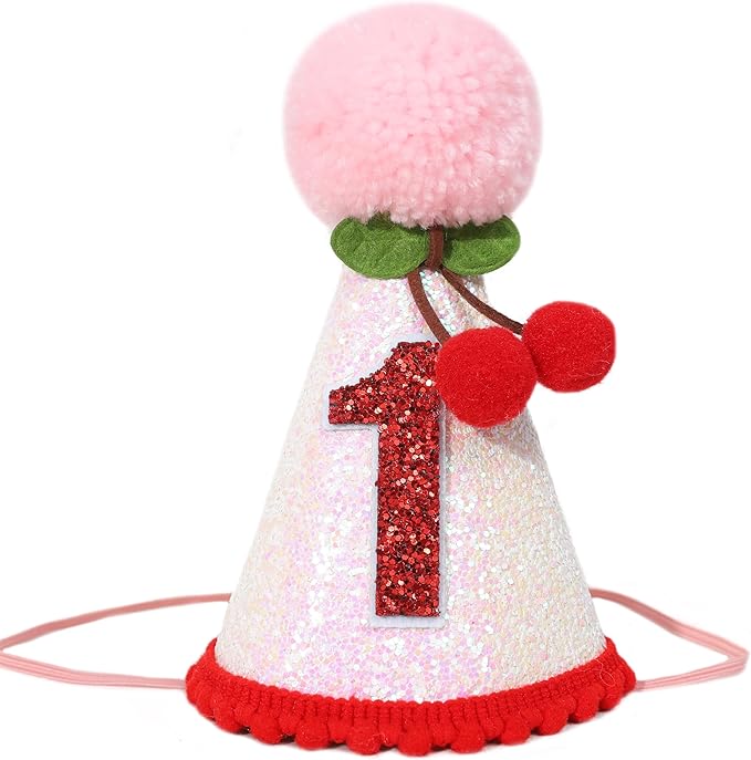 Cherry 1st Birthday Hat - Sweet One Party Decorations, Pink Glitter First Crown for Girls, Fruit Themed Cake Smash, Pink Felt Party Crown