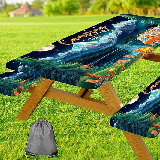 Picnic Table Cover with Bench Covers and Bag, Forest Mountain Lake Fitted Outdoor Table Covers, Camping Essentials, Windproof & Waterproof Tablecloth Cover with Elastic Edge, 3 PCS, 30x72 Inch