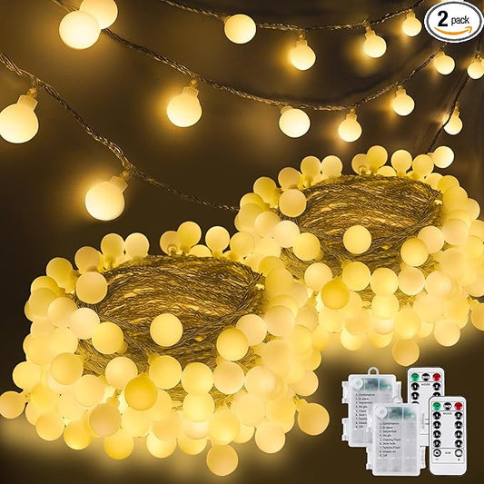 2 Pack Battery Operated String Lights Indoor Outdoor - 45FT 100 LED Fairy Lights with Remote, Waterproof Globe Light 8 Modes with Timer for Bedroom Classroom Dorm Girl's Room Decorations, Warm White