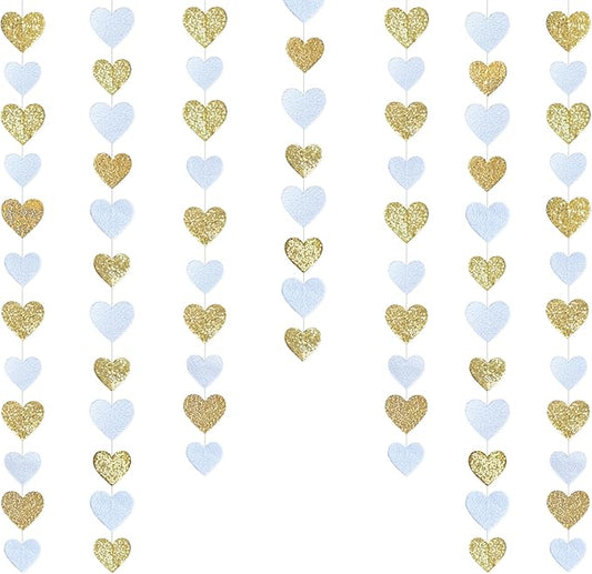Gold and White Heart Decorations Double Sided Sequin 3D Heart Hanging Wall Art Ornament Garland for Nursery Classroom Bedroom Valentines Day Holiday Christmas Weeding Anniversary Home Wall Decor