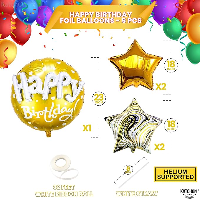 KatchOn, Gold Happy Birthday Balloon Set - 23 Inch, Big, Pack of 5 | Happy Birthday Mylar Balloons, Golden Birthday Balloons | Gold Party Decorations, Golden happy Birthday Decorations
