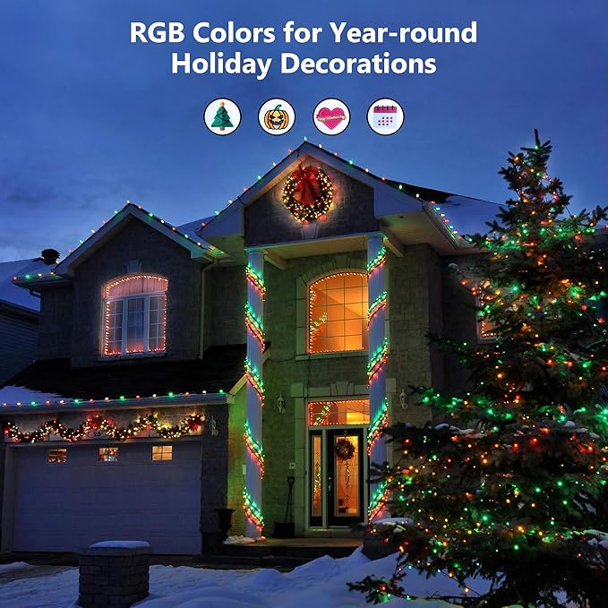 Brizled Color Changing RGB Christmas Lights, 66ft 200 LED Red White Blue String Lights Music Sync, 120+ Modes Remote Dimmable Outdoor Mini Tree Light Indoor Plugin for July 4th Xmas Halloween
