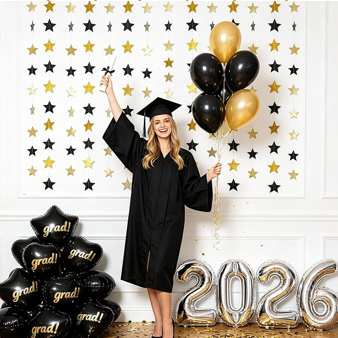 40Ft Black Gold Glitter Star Garland Double Sided Hanging Star Streamers, 2026 Graduation Decor Star Banner for Black and Gold Party, Birthday, Wedding, New Year Eve Party Supplies