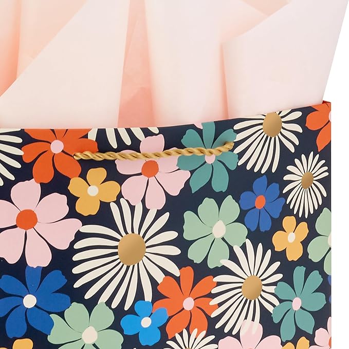 Hallmark 13" Large Floral Gift Bag with Tissue Paper and Birthday Card (Modern Flowers, Pink, Sage, Blue, Black, Yellow) for Mom, Daughter, Sister, Girlfriend, Aunt, Nana