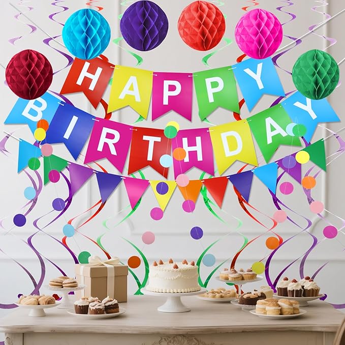 Happy Birthday Banner with Colorful Paper Flag Bunting Paper Circle Confetti Garland Swirl Streamers Honeycomb Ball for kids Party decorations