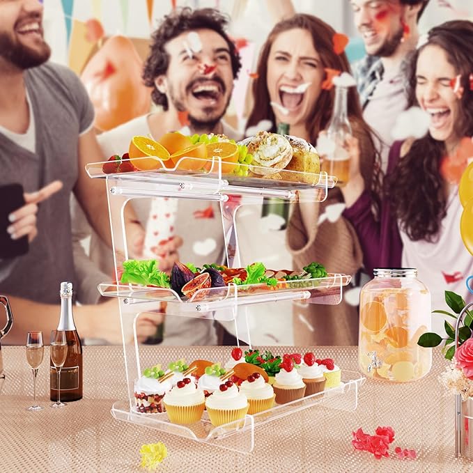 Bakzon 3 Tier Acrylic Serving Tray, 15.3" x 7.1" Dessert Table Display Set Stand for Party, Desserts, Fruits, Cookies – Reusable Collapsible Tiered Platters for Cupcakes, Veggies, and Sweet Treats