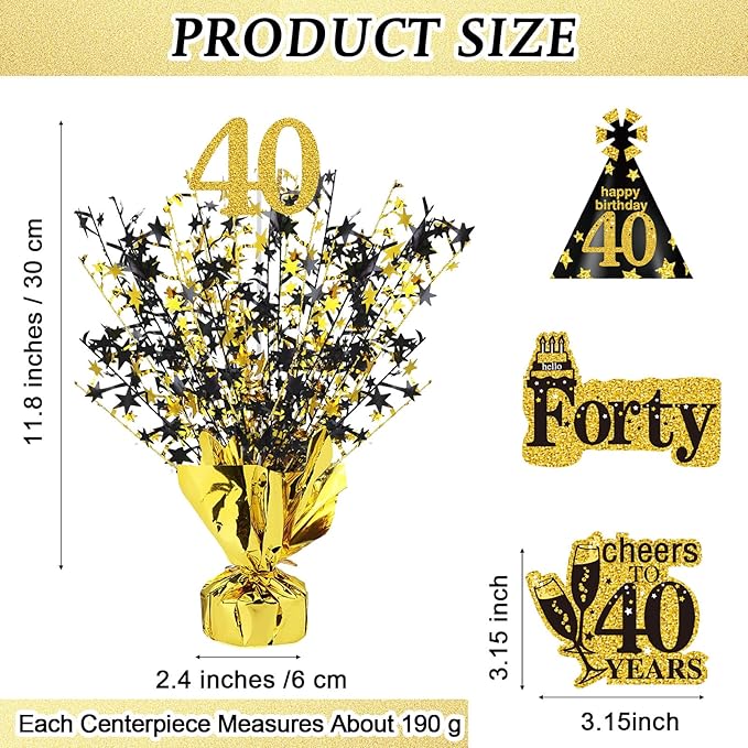 Tatuo 4 Pcs Metallic Foil Spray Centerpiece Happy 30th 40th 50th 60th Years Centerpiece Table Decorations for Black and Gold Birthday Anniversary Wedding Party Table Decor(40th Birthday)
