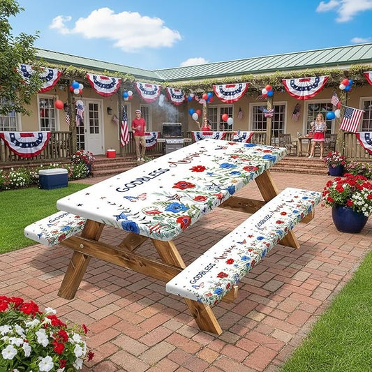 JAWO 4th of July Picnic Table Cover with Bench Covers, Red Blue Watercolor Flowers Fitted Waterproof Tablecloth with Elastic Edge, 3 PCS Set for Outdoor Camping, Independence Day Decorations,60in