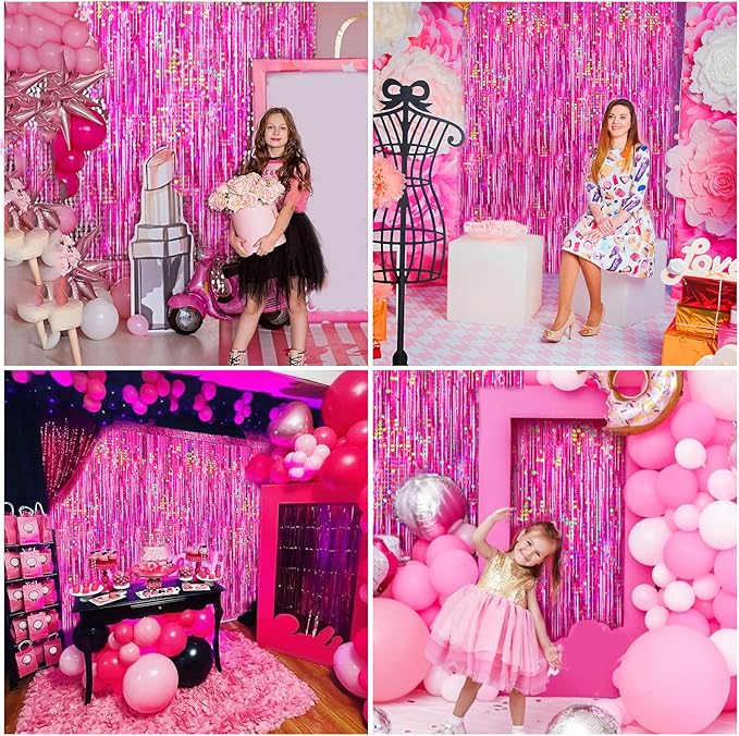 4 Packs Hot Pink Foil Fringe Curtain, Pink Glitter Metallic Tinsel Backdrop for Birthday, Wedding, Baby Shower, Bachelorette Cowgirl Princess Party Decorations Supplies