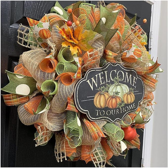 3 Rolls Orange Moss Green Deco Mesh Ribbon for Wreath Making Supplies, 10 Inch x 30FT Metallic Foil Burlap Deco Mesh Fabric for Fall Thanksgiving Halloween Door Wreath Swags and Decorating