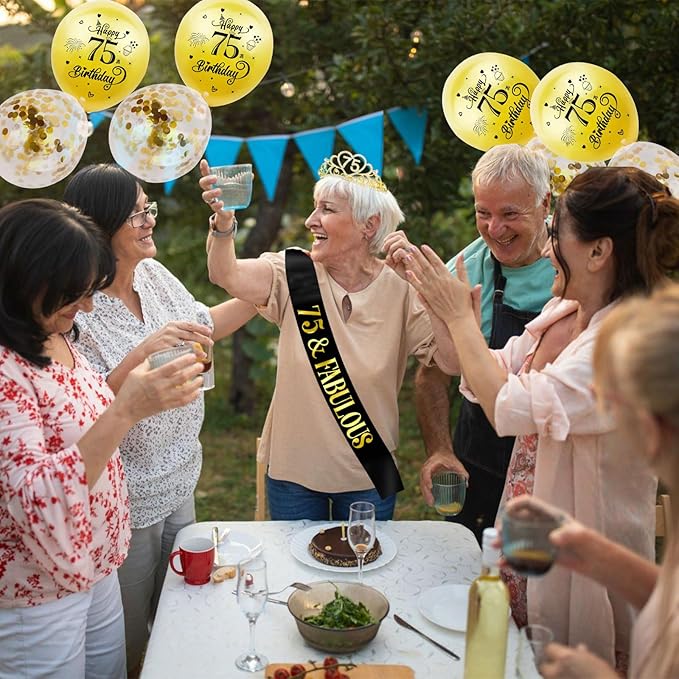 75th Birthday Tiara and Sash Kit - '75 & FABULOUS' Black Sash and Gold Rhinestone Crown for Women's 75th Birthday Party Supplies