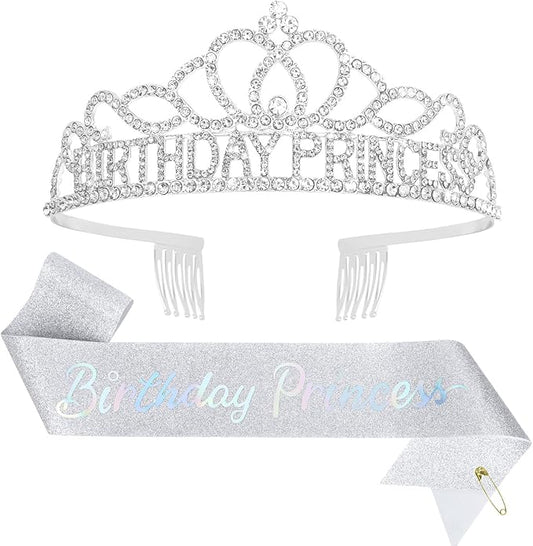 CAVETEE Princess Crowns and Sashes for Girls & Women - Birthday Party Decorations Set