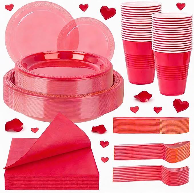 WELLIFE 210 PCS Clear and Red Plastic Plates for 30 Guests - Disposable Dinnerware Set Including Dinner Plates, Dessert Plates, 12oz Cups, Cutlery & Napkins, Red Party Plates for Valentines