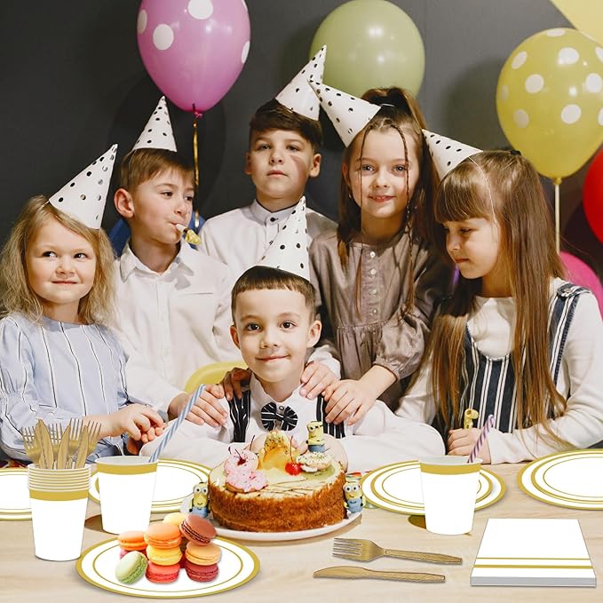 144PCS White and Gold Plates and Napkins Party Supplies Gold Disposable Dinnerware Set Include Golden Paper Dinner Dessert Plates Napkins Cups Cutlery for Birthday Wedding Bridal Shower Decor Serve 24