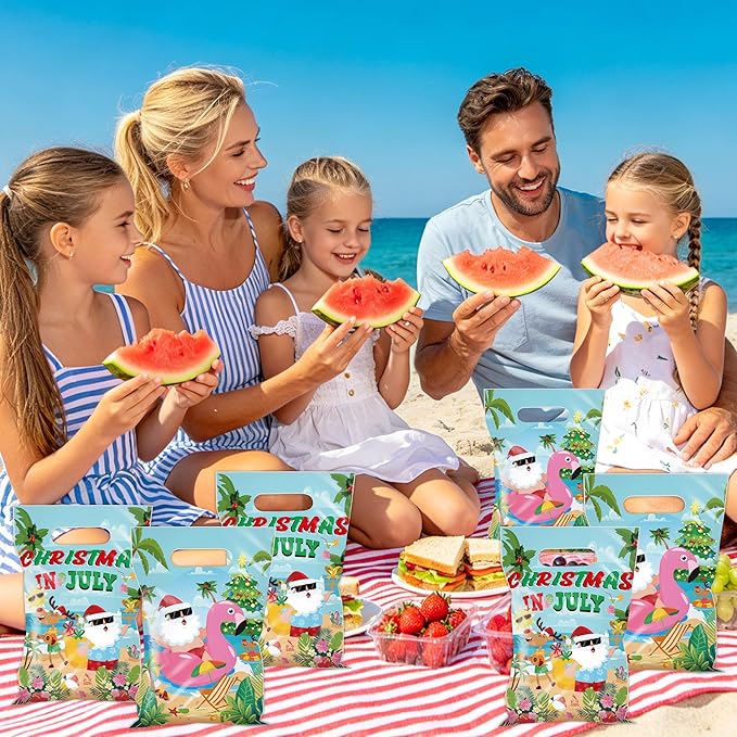 MOIZYNG Christmas in July Decorations, 50Pcs Christmas in July Plastic Candy Treat Goodie Gift Bags with Handles, Summer Hawaiian Beach Pool Party Favors Supplies