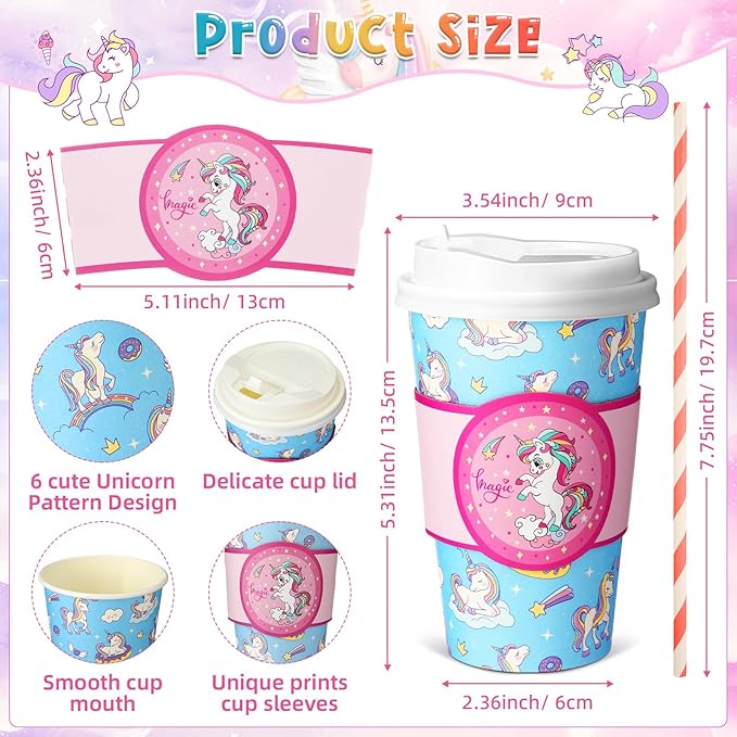 Jingmore 120 Sets 16oz Disposable Paper Coffee Cups with Lids Sleeves Straws Holiday Paper Drinking Cups Bulk for Hot Cold Beverages Home Business Cafe Birthday Party Supplies (Unicorn)
