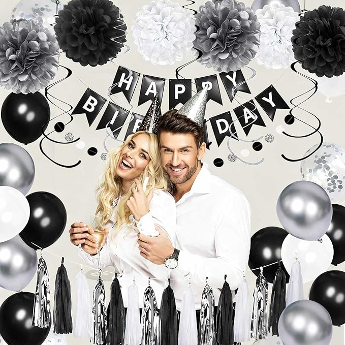 YGYXMY Birthday Decorations for Men, Black and Silver Party Decorations, Black and White Party Supplies - Banner, Balloons, Tissue Pompoms, Swirls, Tassels Garland