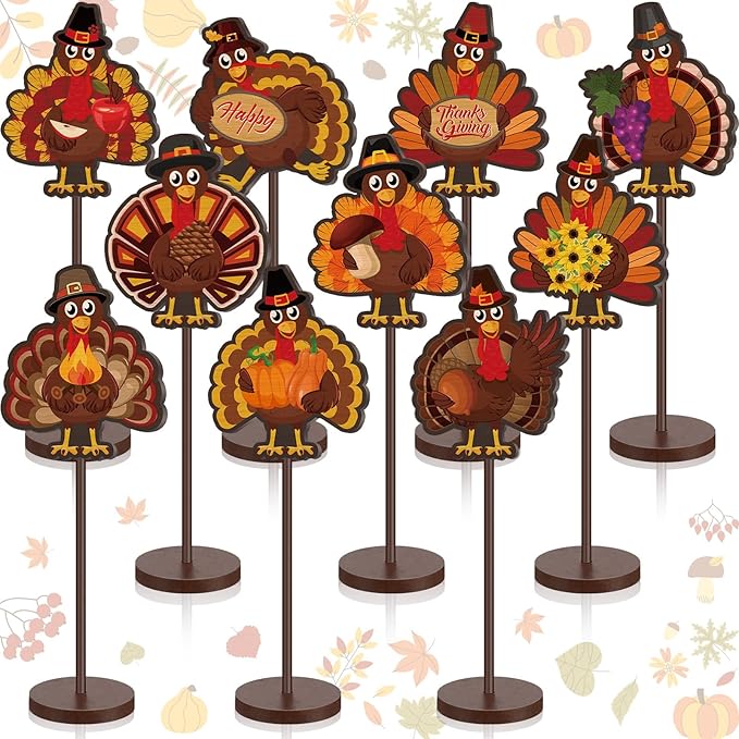 Geelin 10 Pcs Thanksgiving Turkey Decoration Wooden Turkeys Thanksgiving Table Sign Centerpiece Wood Tall Standing Block Set for Party Farmhouse Office Harvest Day Desk Decoration(Mature Turkey)