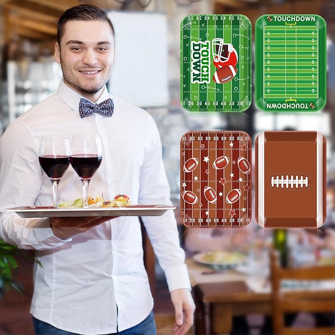 4 Pieces Serving Trays Melamine Platters Reusable Rectangle Party Trays for Theme Party Food Dessert Serving Supplies, 13 x 9.7 inch(Green,Football)