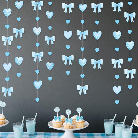 Blue Bow Decorations Blue Plaid Twill Polka Dot Bow Heart Hanging Streamer Garland Banner for Baby Shower Birthday Wedding Bridal Shower Bachelorette Coquette Anniversary Party Decorations Supplies