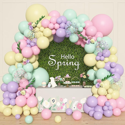 Amandir 153pcs Pastel Balloons Garland Arch Kit, Different Sizes 18 12 10 5inch Pastel Pink Yellow Green Purple Confetti Balloons for Bunny Hunt Spring Baby Shower Birthday Party Decorations
