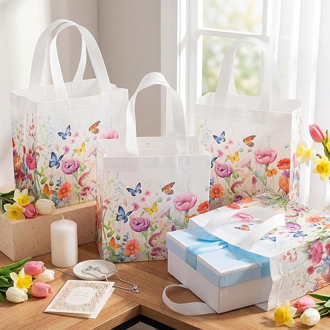 Sweetude 16 Pcs Wildflower Gift Bag with Handles Wildflower Butterfly Party Favors Non Woven Reusable Tote Bags for Baby Shower Spring Summer Floral Birthday Party Decorations