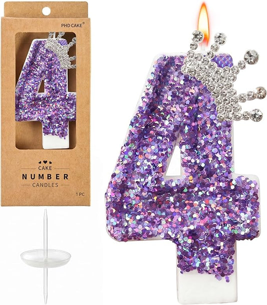 Birthday Number Candles,Purple Crown Birthday Candles for Cake,Glitter Number 4 Candle Cake Topper with Sequins for Anniversary Celebrations Supplies