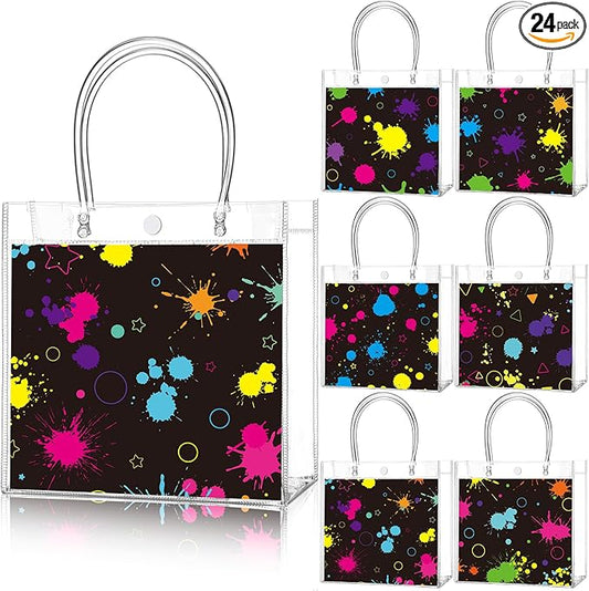 Teenyyou 24 Pcs Glow in the Dark Party Favors Bags Light up Neon Clear PVC Goodie Candy Treat Tote Gift Bags with Handles Glow Theme Birthday Baby Shower Party Supplies