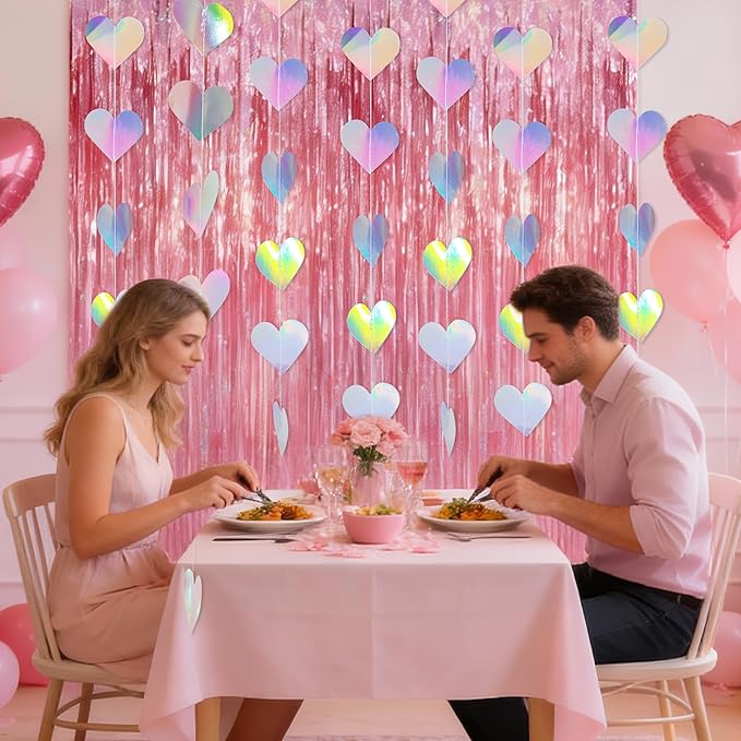 40Ft Iridescent Holographic Heart Valentines Day Garland Disco Hanging Streamer Decor for Galentines Valentines Day, Wedding, Bridal Bachelorette Baby Shower Birthday Party