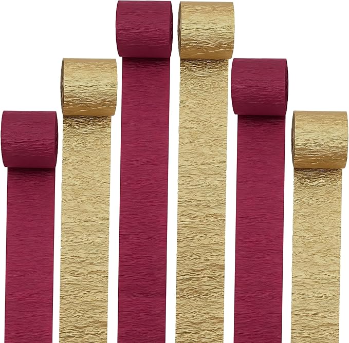 Burgundy Gold Crepe Paper Streamers Birthday Backdrop fringe-11 ft(W) x6.6 ft(H) Party Curtain for Birthday Banners-Background for Party Balloons Gold and Burgundy 492ft -6 Rolls Each 82ft