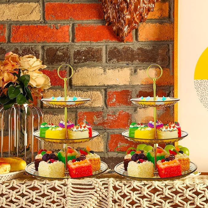 Patelai 8 Packs 3 Tier Crystal Acrylic Clear Cake Stand with Gold Round Holder Acrylic Cupcake Stand Holder for Home Wedding Holiday Birthday Baby Shower Tea Party (Clear Amber)
