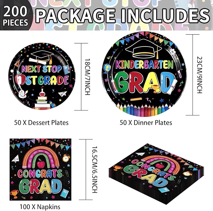 200Pcs Kindergarten Graduation Party Decorations Pre-k Graduation Plates and Napkins Tableware Sets for Kids Preschool Kindergarten Graduation Class of 2026 Elementary Celebration Supplies Serves 50