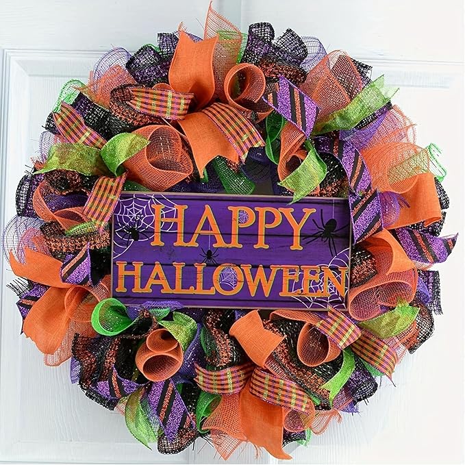 5 Rolls Halloween Mesh Ribbon for Wreath, 10 Inch x 30FT Per Roll Metallic Foil Deco Mesh Rolls Orange Purple Black Stripe Decorative Mesh for Fall Thanksgiving Halloween Home Party Decor