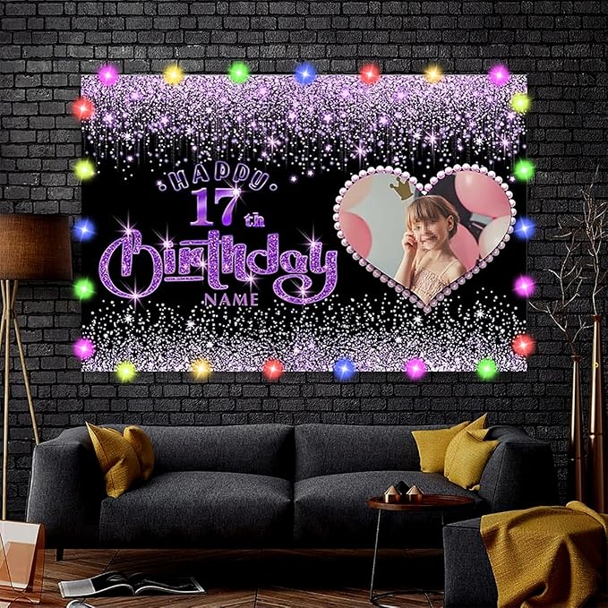 Dicodes Customizable Happy Birthday Decoration Banner - Black and Purple Shiny - Large Size