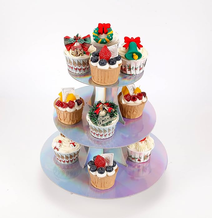 YLDW Cupcake Stand, 3-Tier Cupcake Stand Display, Cardboard Cup Cake Tower Stand, Disposable Dessert Stand for Birthday Tea Party Baby Shower Treat Decorations, Mirror Laser