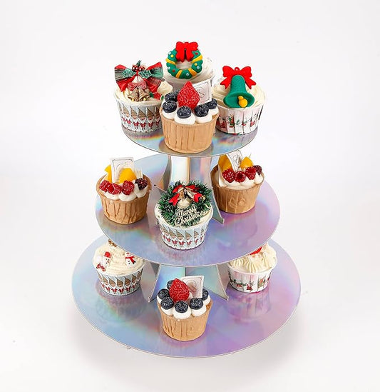 YLDW Cupcake Stand, 3-Tier Cupcake Stand Display, Cardboard Cup Cake Tower Stand, Disposable Dessert Stand for Birthday Tea Party Baby Shower Treat Decorations, Mirror Laser